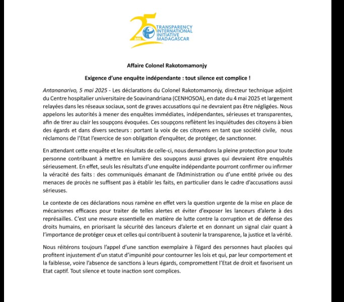 communiqué transparency international initiative madagascar